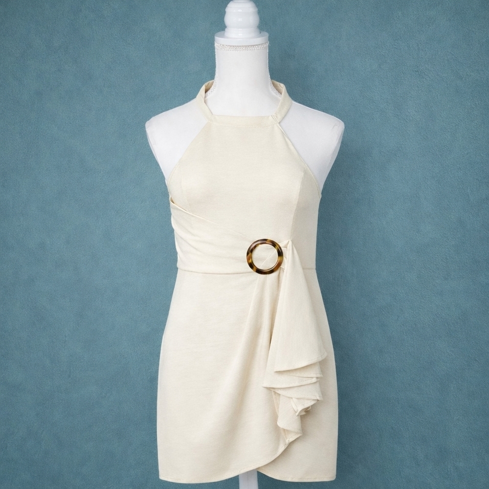 VENUS Ivory Faux Wrap Halter Mini Dress Size 18 | Backless | Resort Cocktail